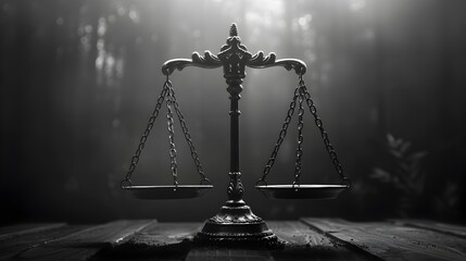 Black and White Scales of Justice on Dark Wooden Background