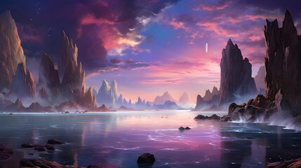 Fantasy seascape. Dramatic sunset over the sea. 3D illustration