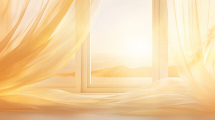 High panoramic window with transparent curtain