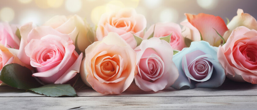 Spring floral background Fresh blooming Colorful Rose Flowers on soft gray vintage wood background created with Generative AI Technology