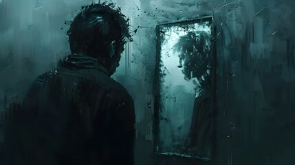 Fototapeta premium Dark Illustration of a Man Looking in the Mirror in a Cyberpunk Style