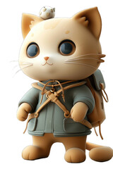  a small figurine of a tiny cat with a backpack 3D rendering on white background