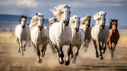 Horses running across the steppe dynamic freedom h - obrazy, fototapety, plakaty