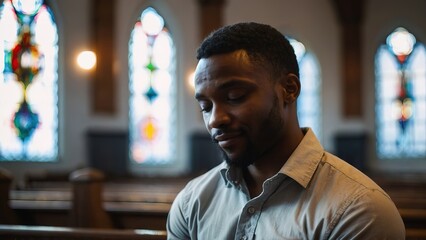 Handsome black man praying in the church - obrazy, fototapety, plakaty