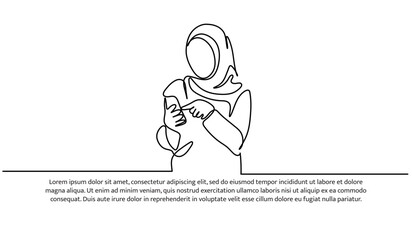 One continuous line of an Islamic woman holding phone for banner, poster, and greeting card.