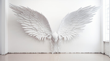 Huge angel wings on a white wall background