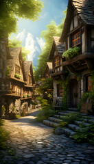 Fototapeta premium Fantasy scene with old wooden houses in a fairy tale style.