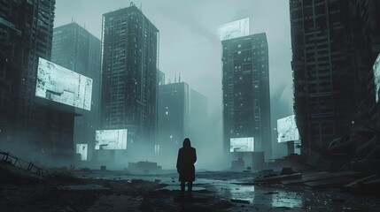 Lone Guy in a Dystopian Urban Landscape - obrazy, fototapety, plakaty