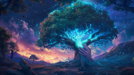 Mystical Tree Radiating Light in Twilight Landscape
