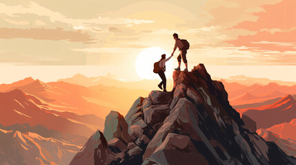 Illustration of Hiker helping friend reach the mountan