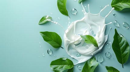 Milk Splash with Fresh Green Leaves on Blue Background