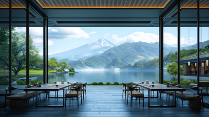 Idyllic Japanese Eatery Surrounded by Nature: Lake, Mountains, and Green Hills