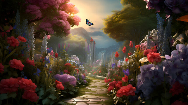 3d render of fantasy garden with flowers and butterflies at sunset.