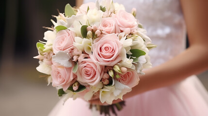 Beautiful wedding bouquet in hands of the bride. Close-up