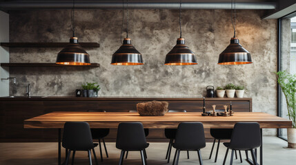 Industrial pendant lights over a dining table