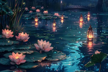 Glowing Lily Pads and Lights A Magical Nighttime Swimming Experience Generative AI