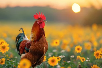 Fotobehang Beautiful rooster on the field © Tetiana Kasatkina