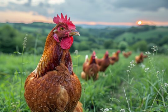 Chickens walking in the field