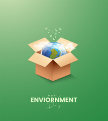 05 June, World Environment day, World map behind the book, save world save environment, flying bird with cloud, 3D Illustration.