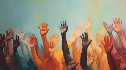 Hands rise up on blue background, volunteer, donation, photo shoot - obrazy, fototapety, plakaty
