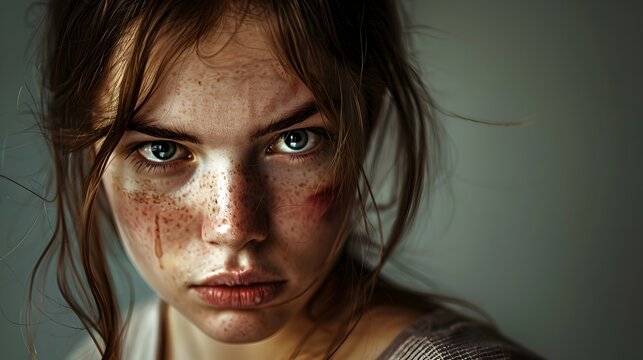 Raw Emotions of a Young Woman with Freckled Face and Blue Eyes