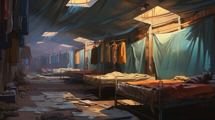 Interior of a bedroom sleeping places in a refugee