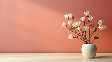 minimalist empty wooden table features blooming tulips flowers in a white ceramic vase on a warm light beige background  created with Generative AI Technology