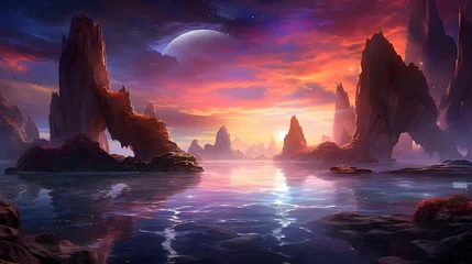 Outdoor-Kissen Fantasy alien planet. Mountain and lake. 3D illustration. © Iman