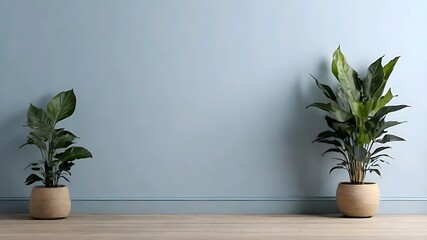 Light blue wall mockup with plant set on wooden floor. illustration of minimal interior design.