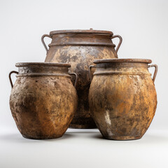 Three ancient pottery large urn pots with rust isolated on white background created with Generative AI Technology  - obrazy, fototapety, plakaty