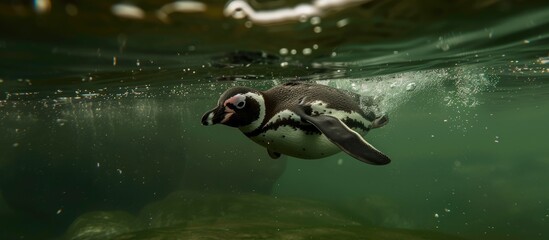 A black and white penguin gracefully swims in clear green water near a rock, its sleek body gliding effortlessly through the water.