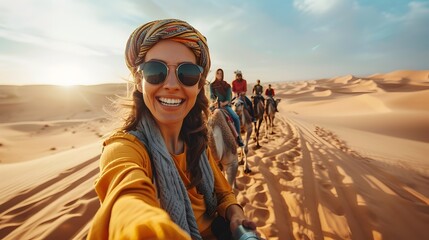 Women Taking Selfie on Camels in the Desert - obrazy, fototapety, plakaty