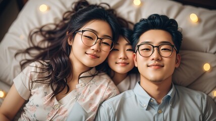 Happy asian couple in glasses lying on the bed - obrazy, fototapety, plakaty