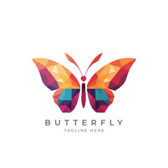 Colorful Polygonal butterfly, natural insect icon or logo. Vector illustration isolated on white background. Colorful geometric butterfly in origami style. 