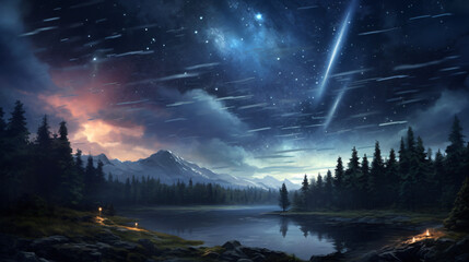 Landscape meteor shower in the starry sky - obrazy, fototapety, plakaty