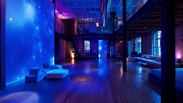 Interactive light projections on the walls and floor create a constantly changing atmosphere in this experiential urban loft.