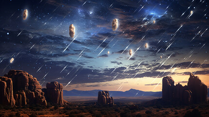 Landscape meteor shower in the starry sky - obrazy, fototapety, plakaty