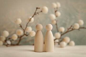 Two wooden figurines representing people holding hands, with a blurred background of white berries on branches.