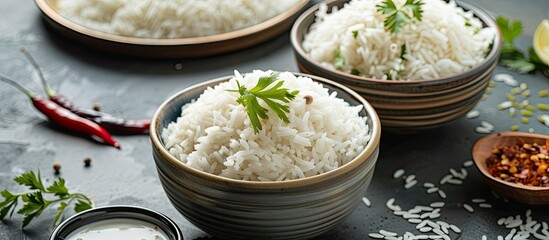 Three bowls filled with deliciously long Basmati rice are neatly arranged on top of a table, offering a savory dining experience.