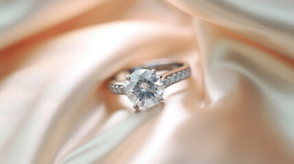 close up view of beautiful wedding diamond gold ring jewelry engagement on satin fabric with beautiful bokeh light created with Generative AI Technology