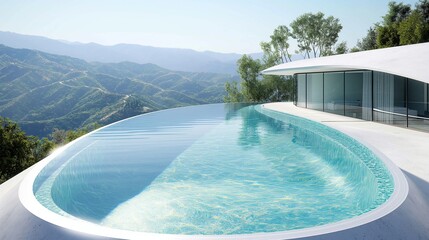 Obraz na płótnie Canvas A visual masterpiece captured in HD, showcasing a contemporary pool with vanishing edges, seamlessly merging with the panoramic views