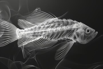 Digital artwork of a fish skeleton in X-ray imaging style, showcasing detailed bone structure.

