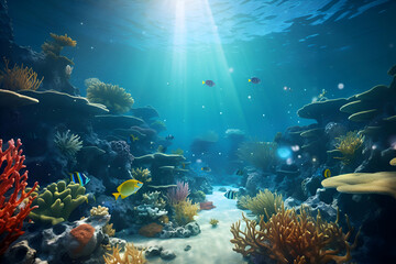 Fototapeta na wymiar Underwater scene with coral reef and tropical fish. 3d render