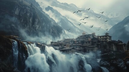 A visual masterpiece capturing the dynamic interplay of mountain streams and villages, adorned by the enchanting flight of birds against a pristine backdrop.
