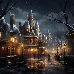 Tuinposter Illustration of a fairytale castle at night in winter. © Iman