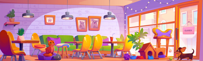 Dog and cat friendly cafe interior with furniture and equipment. Cartoon women with pets rest in cafeteria with chair and sofa. Feeding bowls, bed and toys for domestic animals in public place for eat