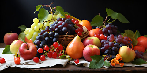fresh summer fruits with apple grapes berries pears isolated on black background mix fruits background bunch of fruits
