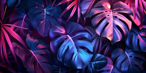 Tropical monstera leaves in neon colors on black background.