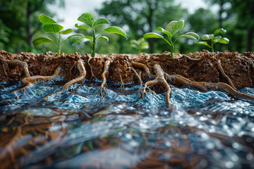 Visualization of forest roots and water molecules against cracked, dry deforested land, illustrating the water cycle's disruption due to deforestation. - obrazy, fototapety, plakaty