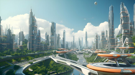 Futuristic city with high-rise buildings and skyscrapers